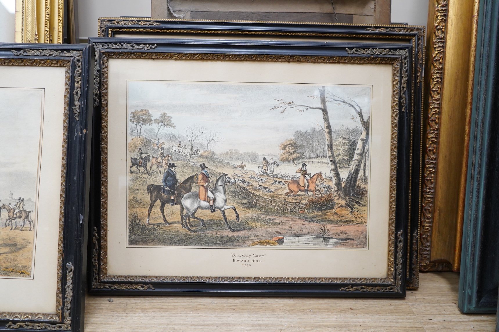 After Dean Wolstenholme (1757-1837) and Edward Hull, eight hunting interest lithographs to include: 'Unkenneling', 'Breaking cover', 'Morning' and 'Afternoon', 32 x 42cm